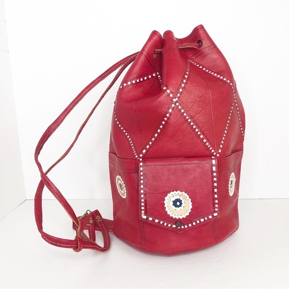 Red Leather Bohemian Backpack with Embellishments main image 4